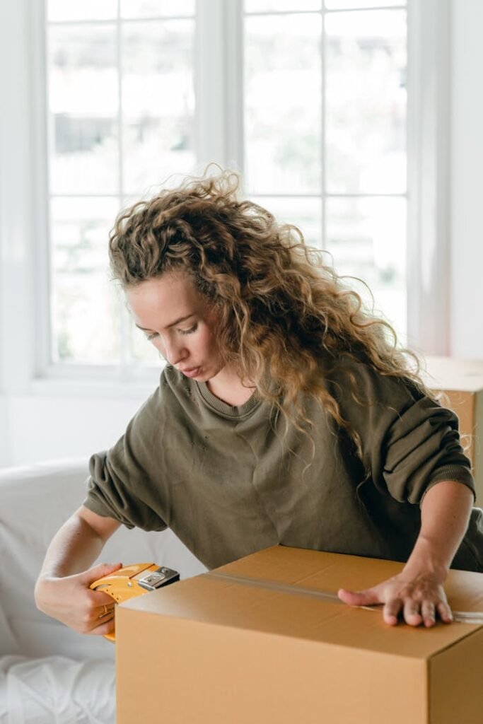 pexels-photo-4246123 Young woman concentrating while packing a cardboard box at home for relocation.